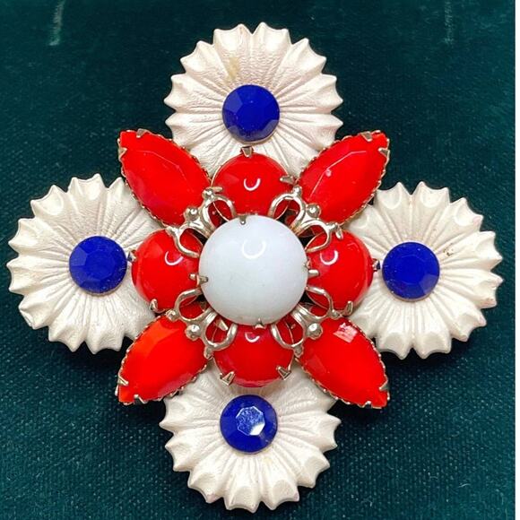 VINTAGE Brooch Red White Blue Patriotic AMERICANA Rhinestone Vtg AU02 - Picture 1 of 4
